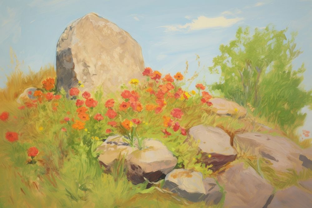 Grave stone on the hill with flowers painting outdoors nature. AI generated Image by rawpixel.