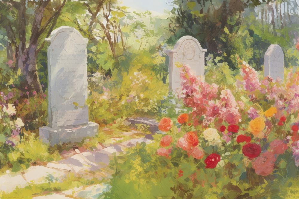 Grave yard with flowers tombstone painting outdoors. AI generated Image by rawpixel.