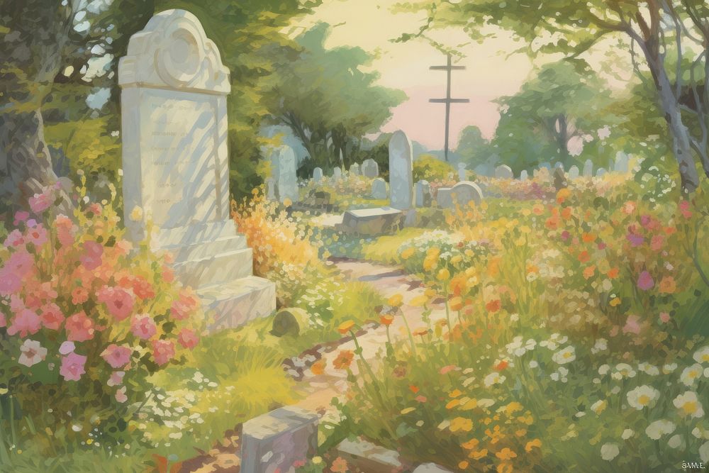 Grave yard with flowers tombstone outdoors cemetery. AI generated Image by rawpixel.