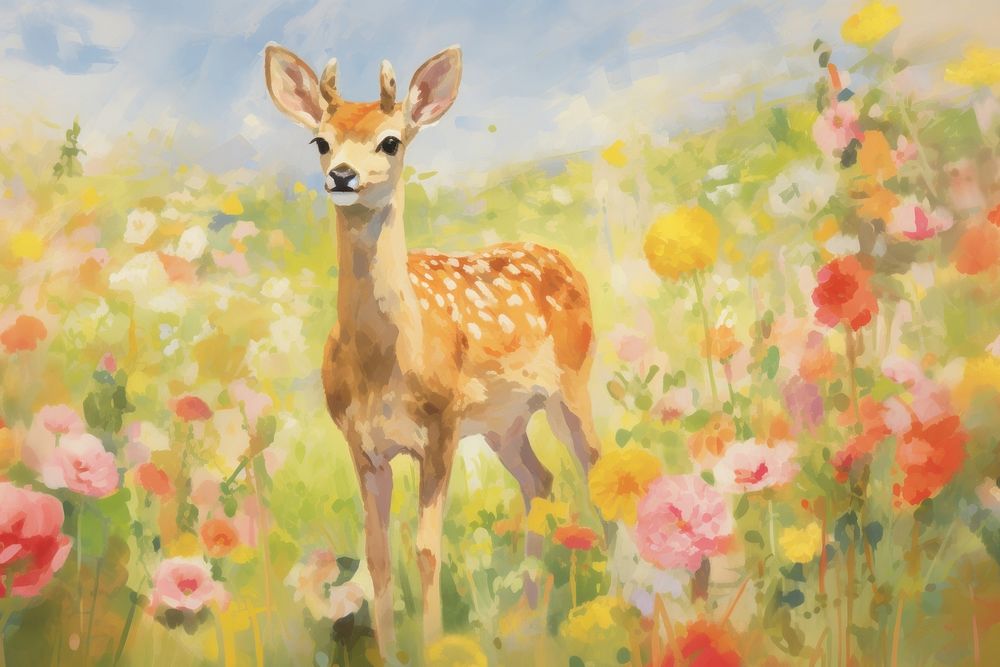 Deer walking in the flower fields wildlife outdoors painting. AI generated Image by rawpixel.