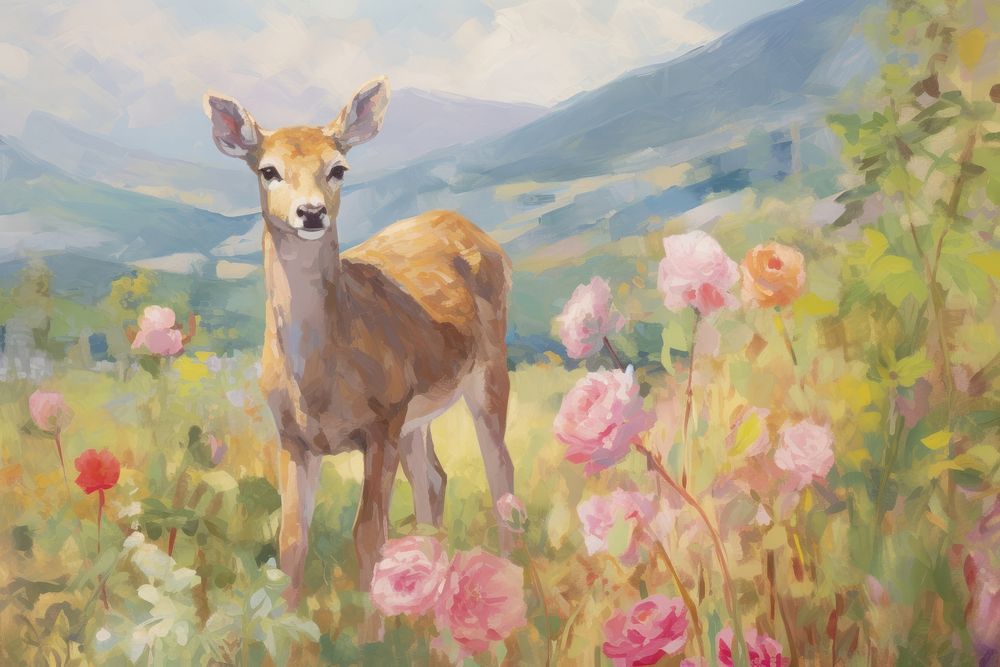Deer walking in the flower fields painting outdoors mammal. AI generated Image by rawpixel.