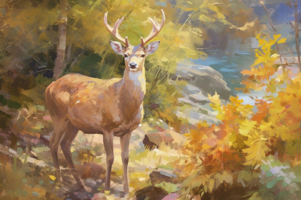 Deer in the autumn forest wildlife painting animal. AI generated Image by rawpixel.