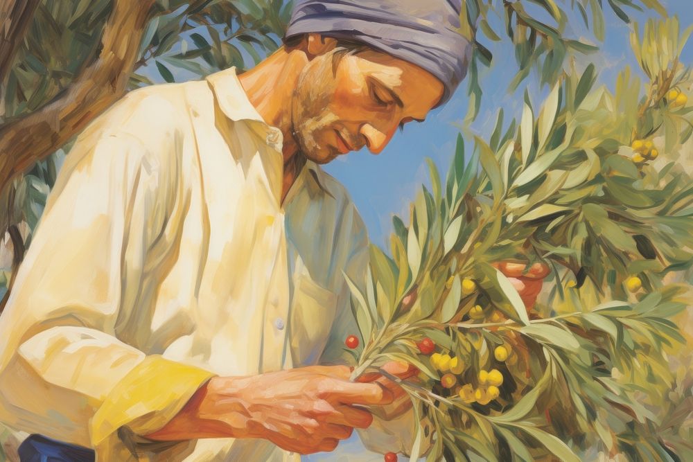 Farmer touching olive branch in the farm painting pineapple outdoors. AI generated Image by rawpixel.