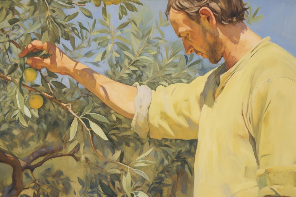 Farmer touching olive branch in the farm painting outdoors plant. AI generated Image by rawpixel.