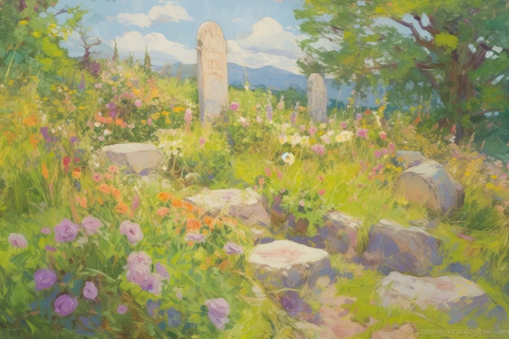 Hilly grave yard with flowers painting outdoors nature. AI generated Image by rawpixel.