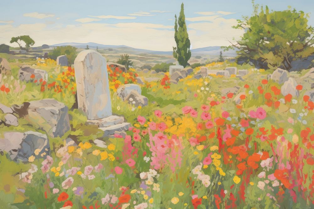 Hilly grave yard with flowers painting grassland tombstone. AI generated Image by rawpixel.