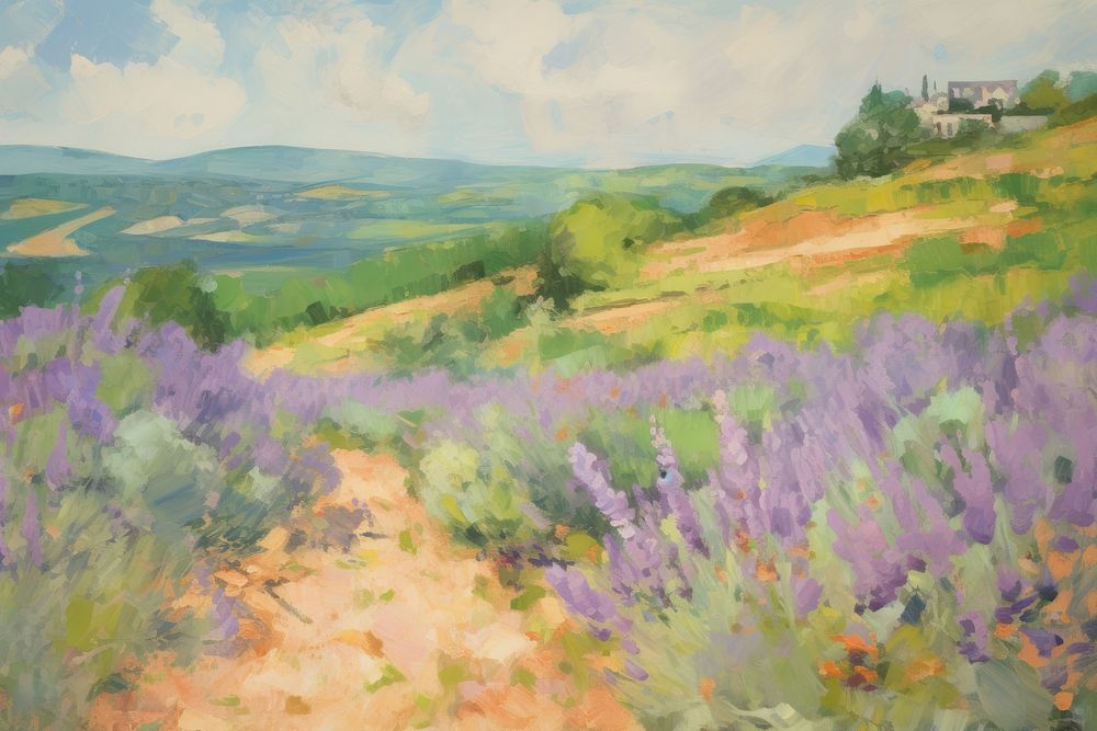 Hilly lavender field painting grassland outdoors. AI generated Image by rawpixel.