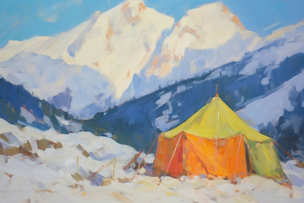 Tent mountain painting outdoors. AI generated Image by rawpixel.