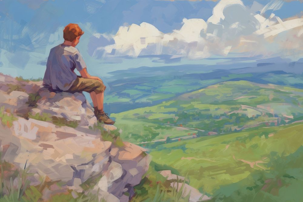 Painting sitting landscape adventure. AI generated Image by rawpixel.