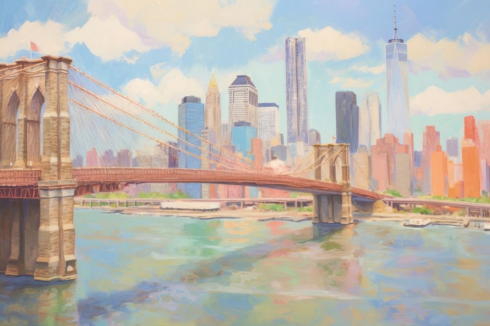 Bridge city painting skyline. AI generated Image by rawpixel.