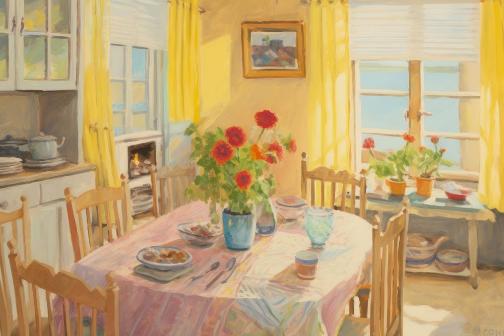 Small dinning room in a suburb house painting architecture tablecloth. AI generated Image by rawpixel.