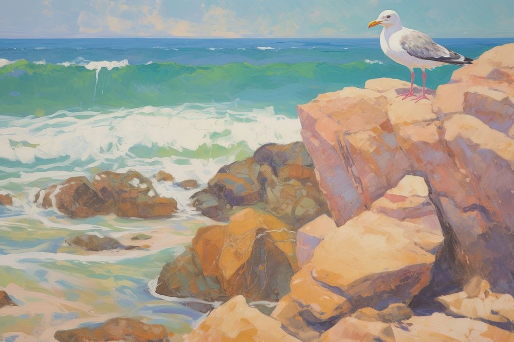 Seagull standing on the rock near the beach painting outdoors nature. AI generated Image by rawpixel.
