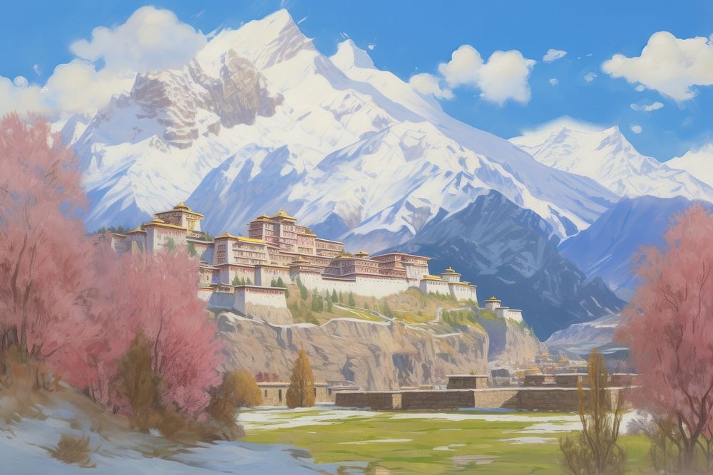 Architecture mountain building painting. AI generated Image by rawpixel.