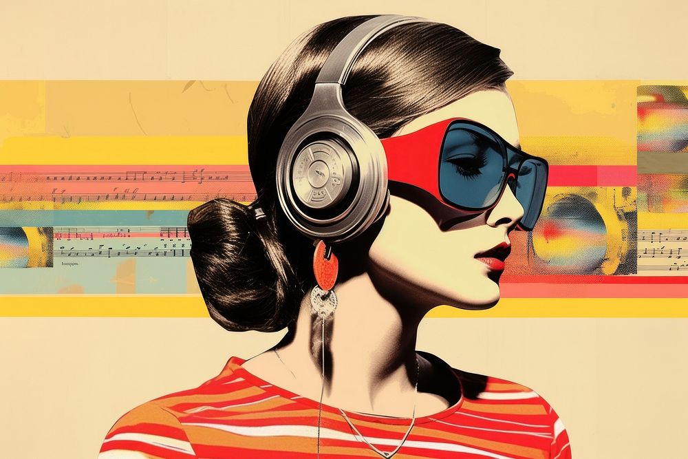 Collage Retro dreamy music headphones portrait adult.