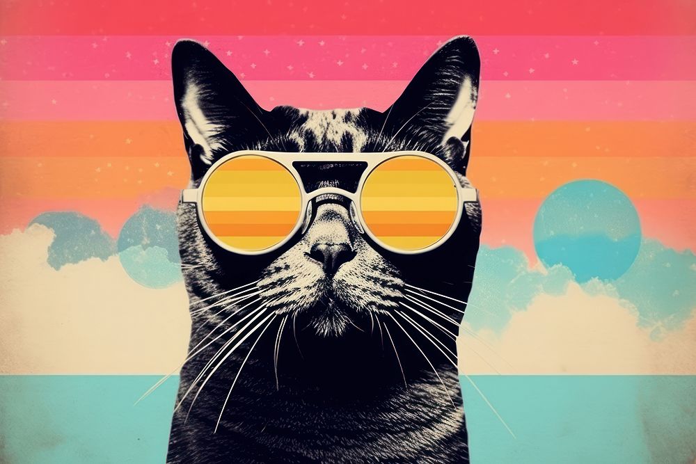 Collage Retro dreamy cat sunglasses mammal animal.