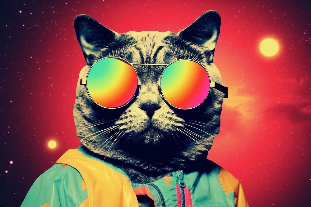 Collage Retro dreamy cat sunglasses portrait animal.