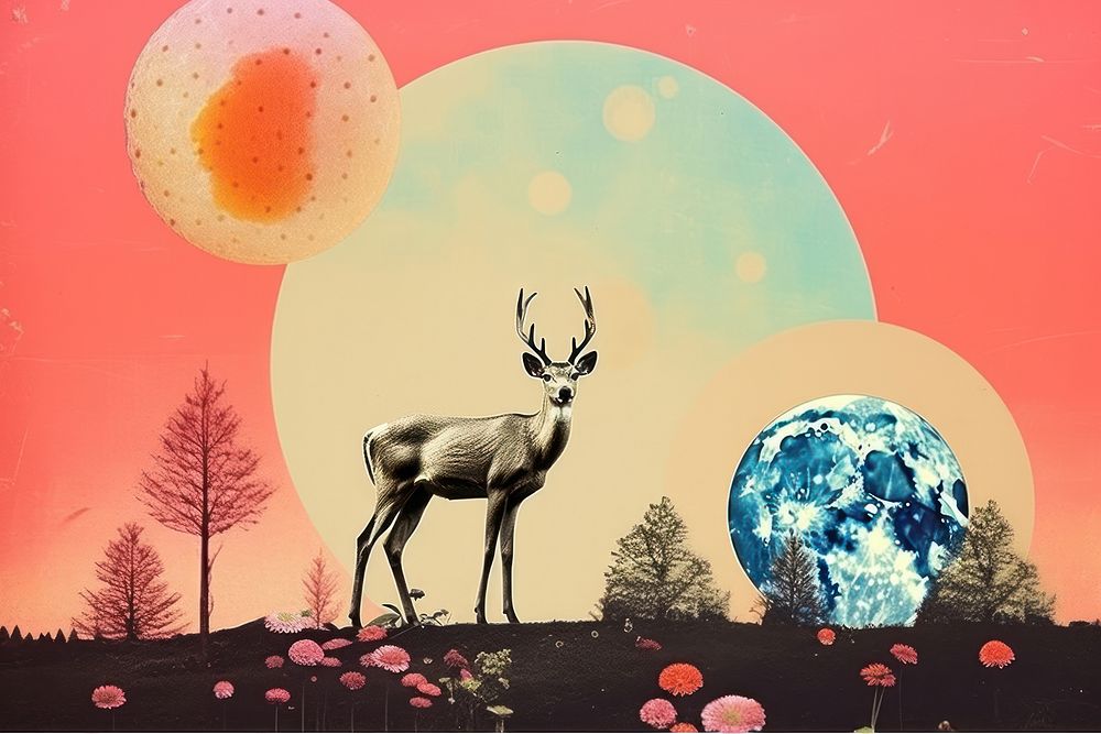 Collage Retro dreamy deer art astronomy animal.