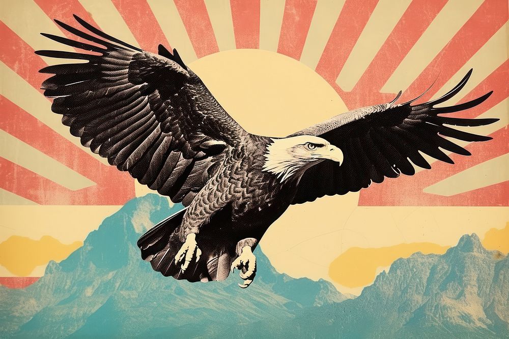 Collage Retro dreamy eagle vulture animal flying.