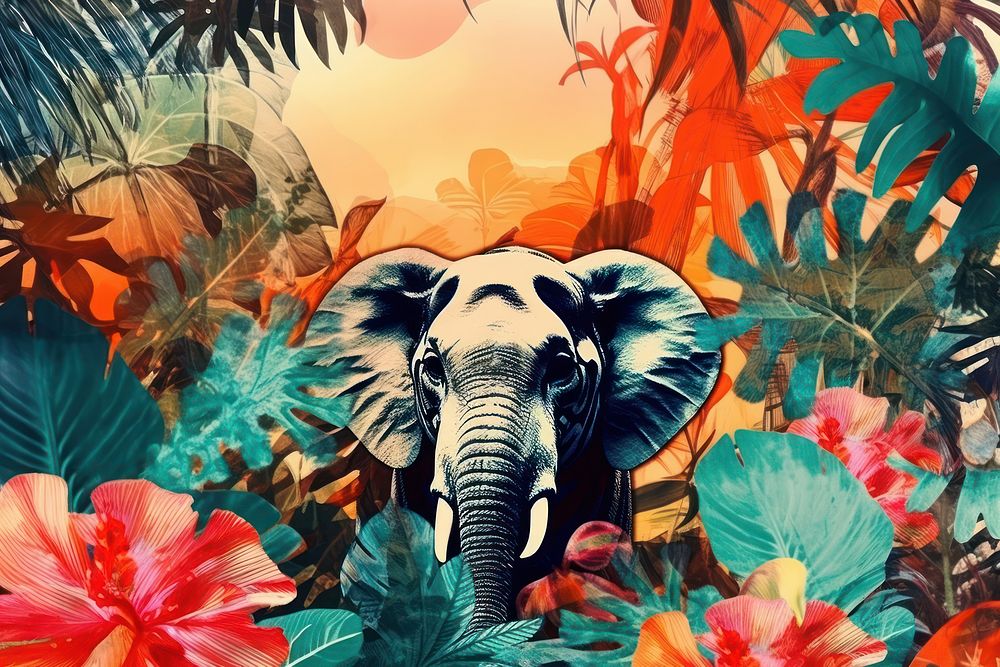 Collage Retro dreamy jungle art elephant wildlife.
