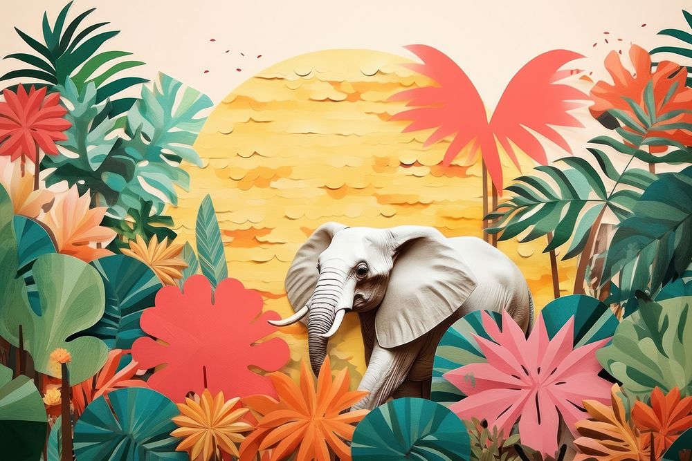 Collage Retro dreamy jungle art elephant wildlife.