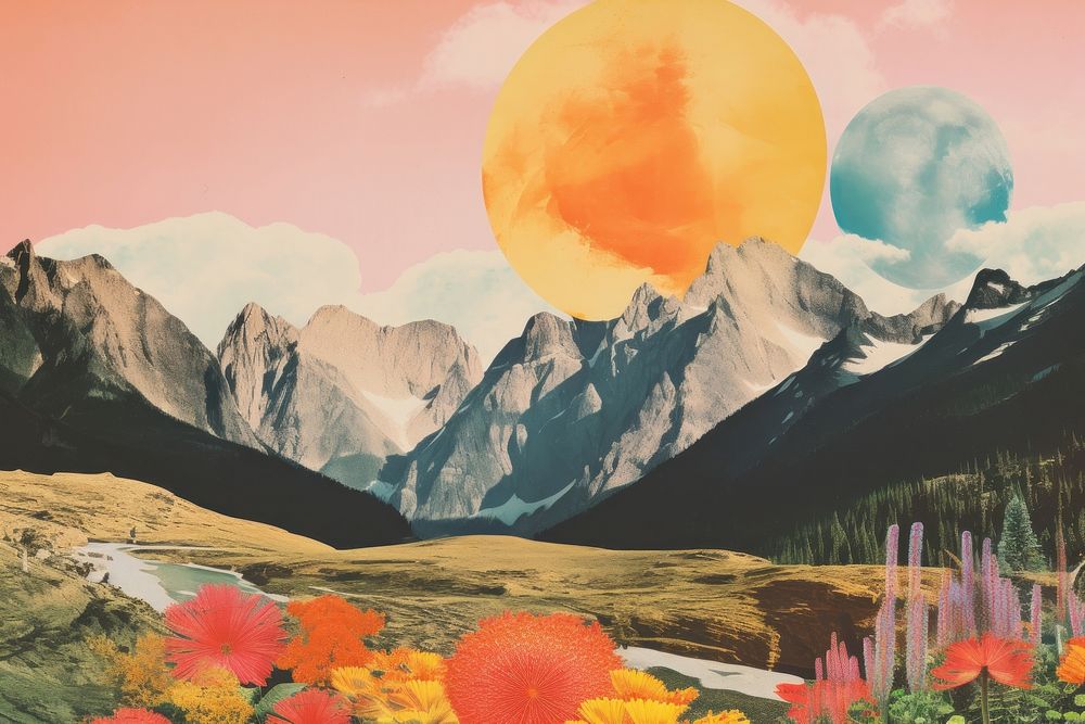 Collage Retro dreamy landscapes mountain outdoors nature.