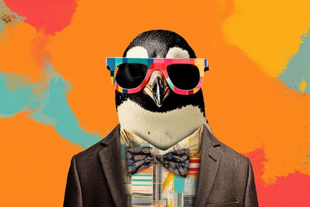 Collage Retro dreamy penguin sunglasses adult fun.