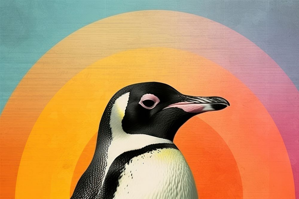 Collage Retro dreamy penguin animal bird art.