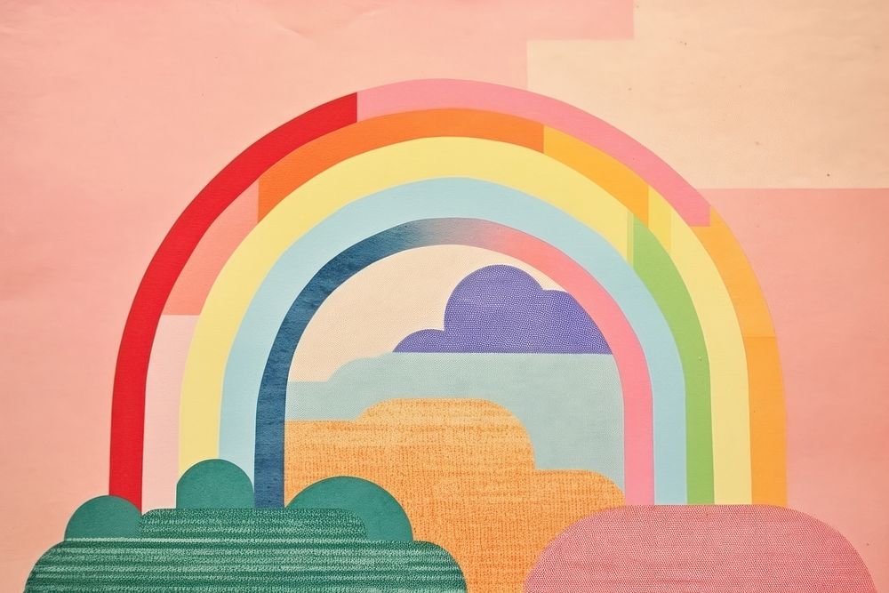Collage Retro dreamy rainbow art painting architecture.