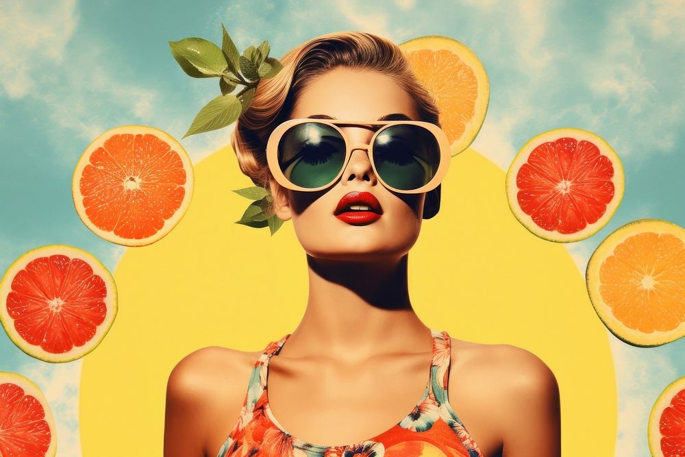 Collage Retro dreamy summer grapefruit sunglasses portrait.