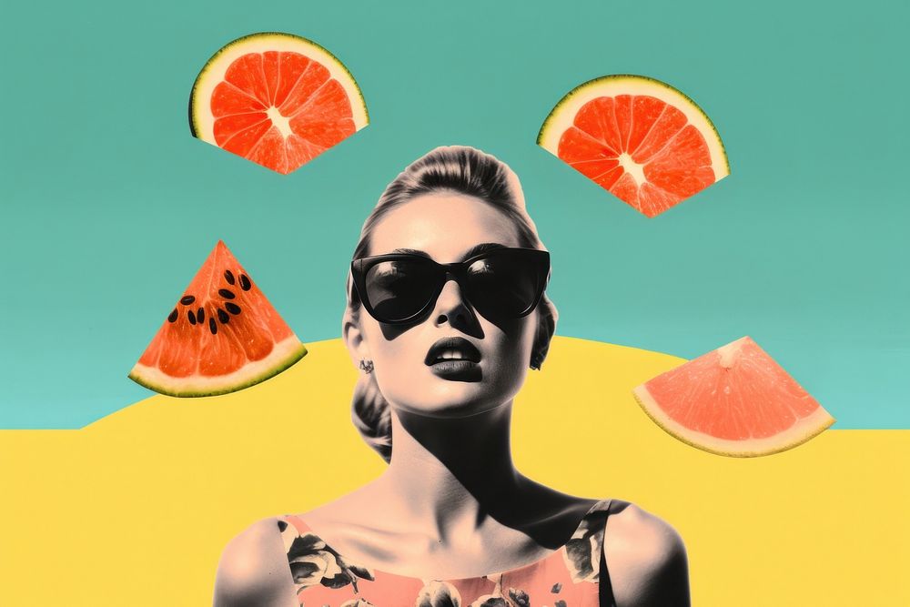 Collage Retro dreamy summer sunglasses grapefruit portrait.