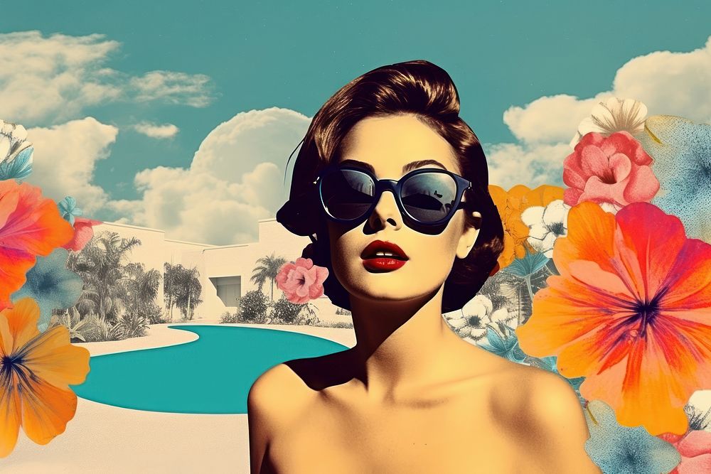 Collage Retro dreamy summer sunglasses portrait flower.