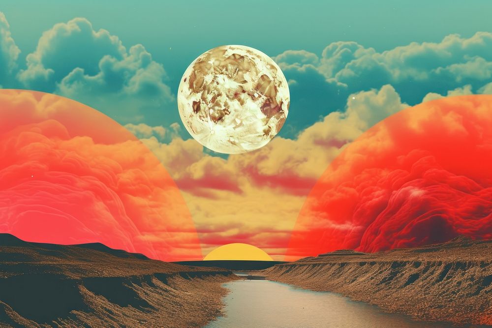 Collage Retro dreamy sunset astronomy landscape outdoors.