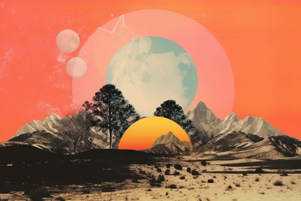 Collage Retro dreamy sunset landscape astronomy mountain.
