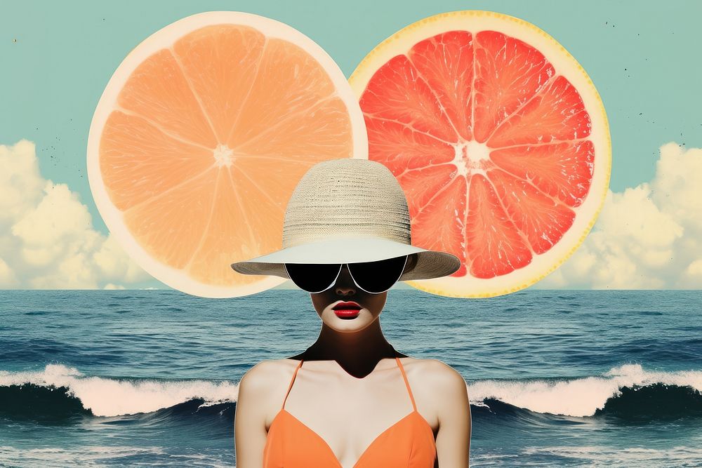 Collage Retro dreamy sea grapefruit swimwear portrait.