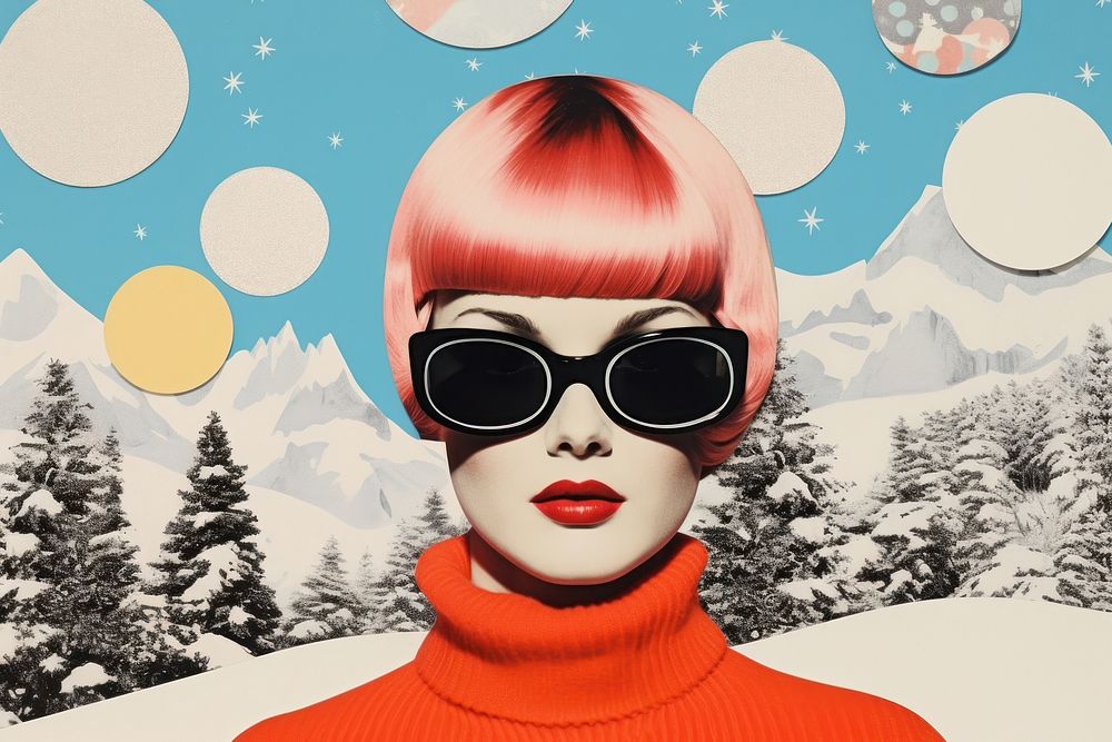 Collage Retro dreamy snow sunglasses portrait adult.