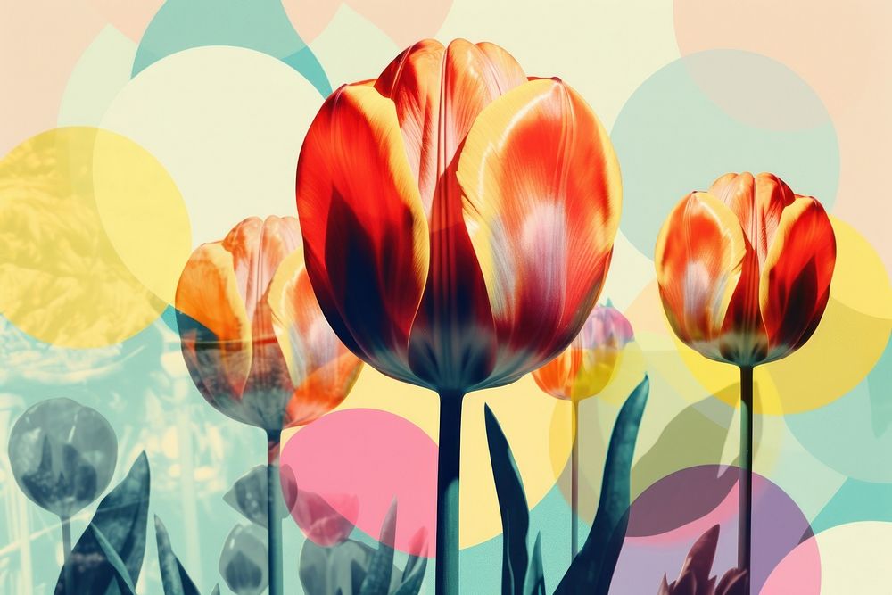 Collage Retro dreamy tulip flower plant art.