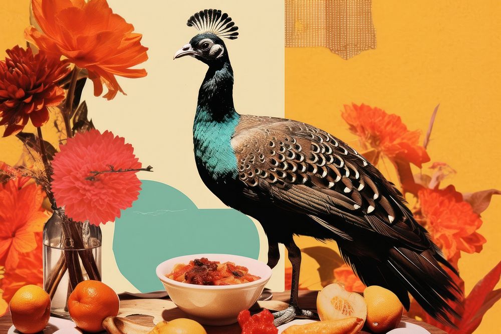 Collage Retro dreamy thanksgiving animal plant bird.