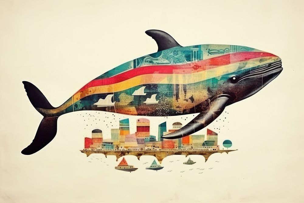 Collage Retro dreamy whale animal art transportation.