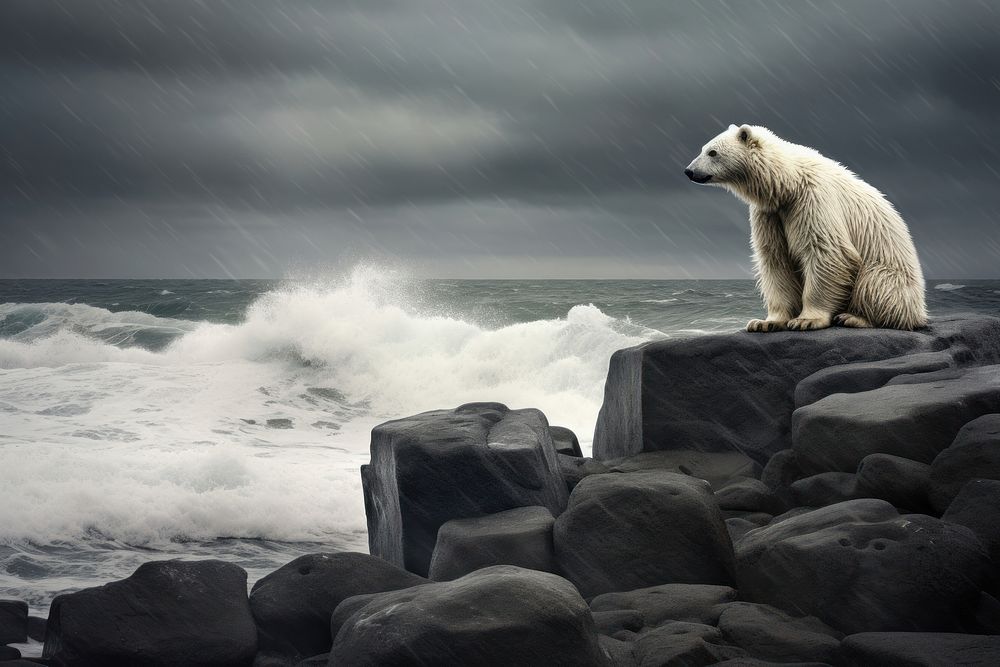 Polar bear on a black coastal rock nature sea wildlife. AI generated Image by rawpixel.