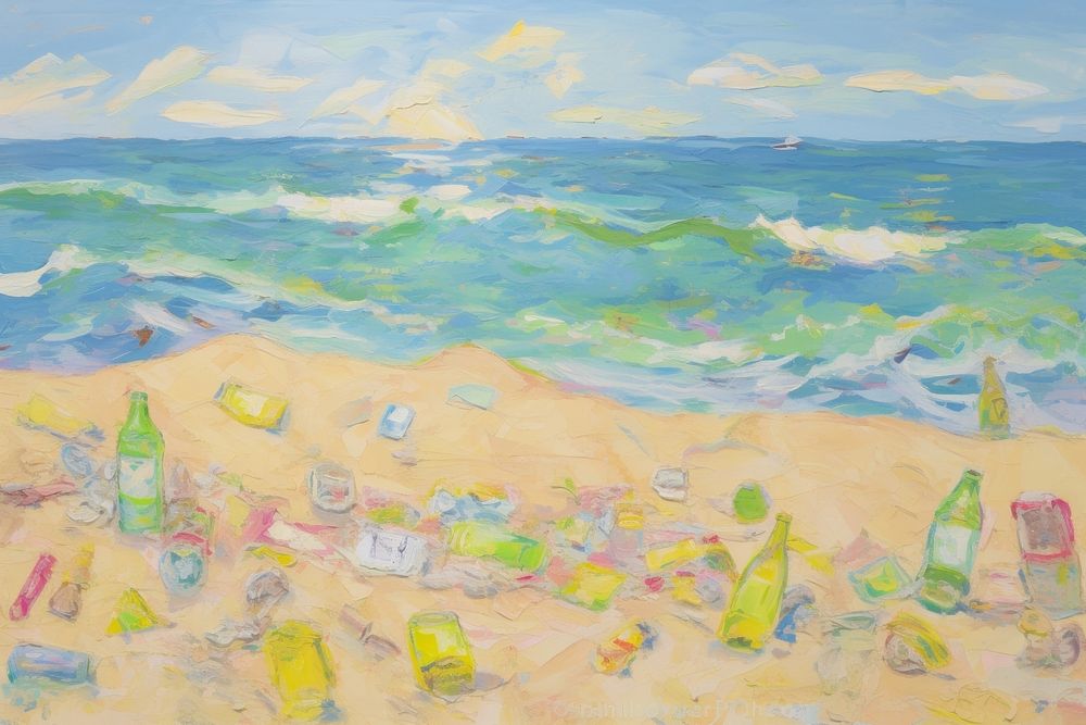 Beach full of plastic bottles painting sea outdoors. AI generated Image by rawpixel.