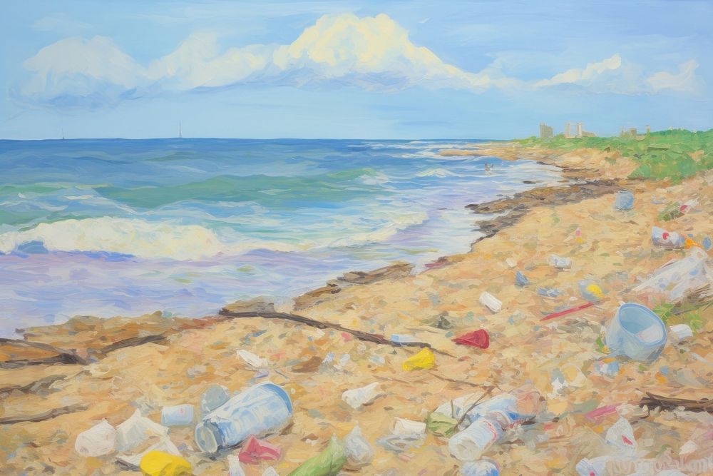 Beach full of plastic bottles painting sea pollution. AI generated Image by rawpixel.