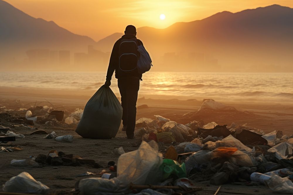 Volunteer collecting trash on the beach pollution garbage adult. AI generated Image by rawpixel.