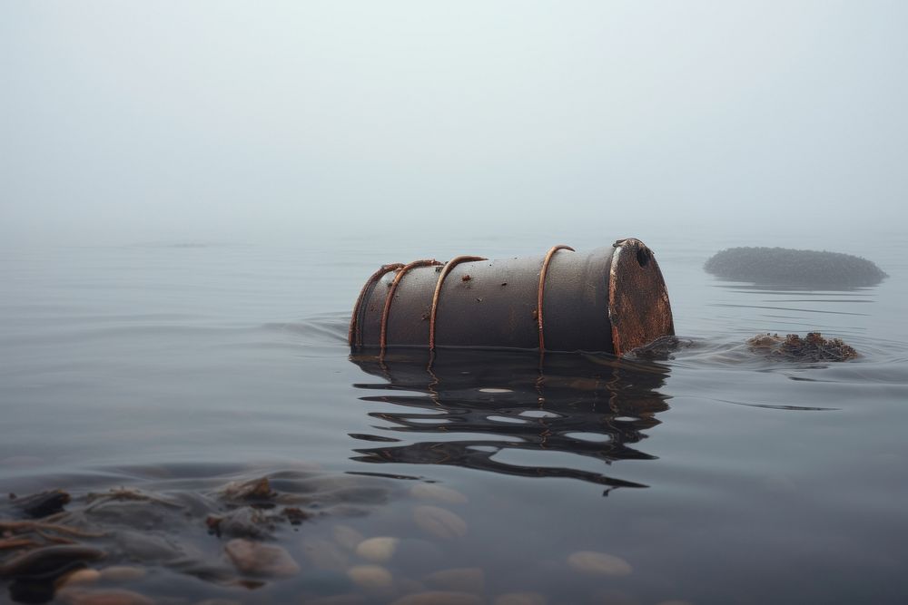 Metal barrel floating on a clam sea outdoors nature fog. AI generated Image by rawpixel.