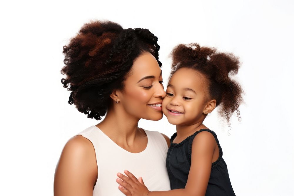 Mom kissing happy black daughter face photography portrait child.