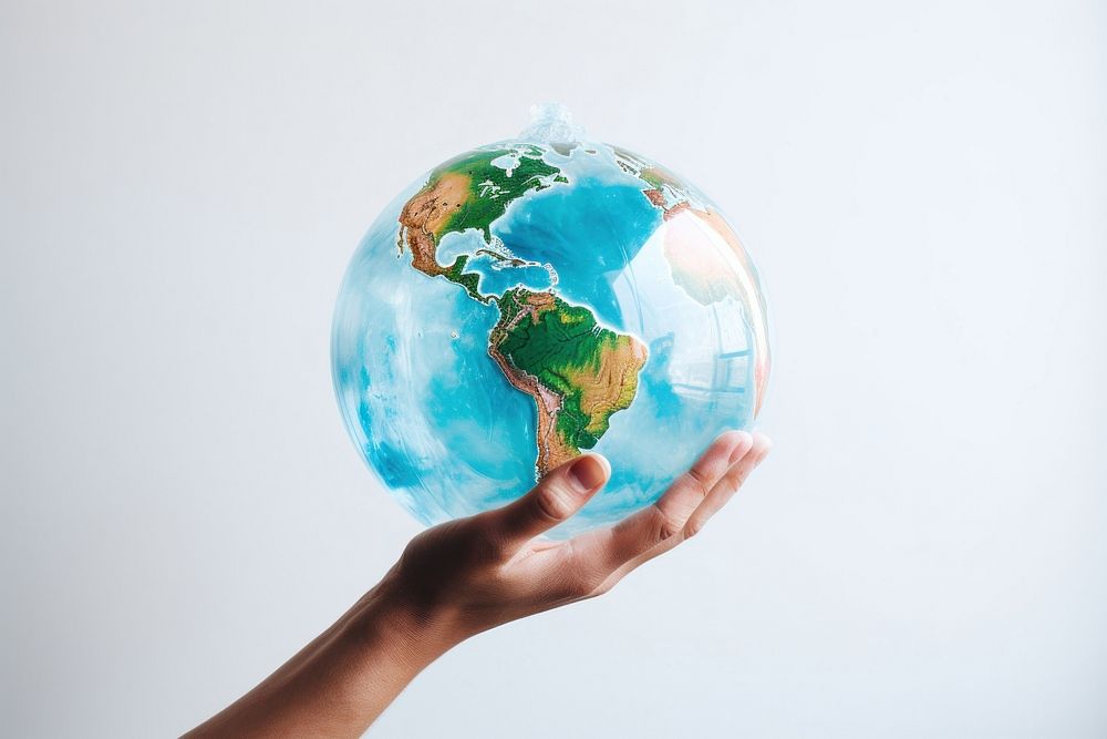 Hand holding a earth in a plastic bag planet globe space. AI generated Image by rawpixel.