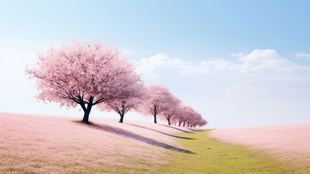 Hilly grass field with cherry blossom trees landscape nature outdoors. AI generated Image by rawpixel.