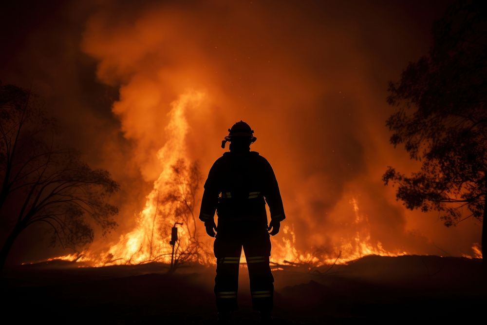 Sillhouete of a fireman standing wildfire bonfire adult. AI generated Image by rawpixel.
