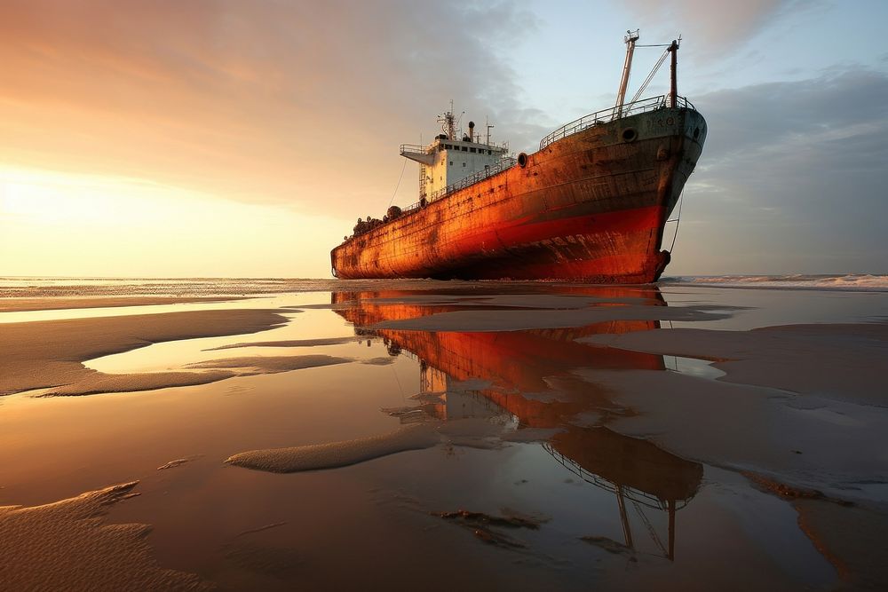 Oil tanker on the beach leaking oil watercraft shipwreck outdoors. AI generated Image by rawpixel.