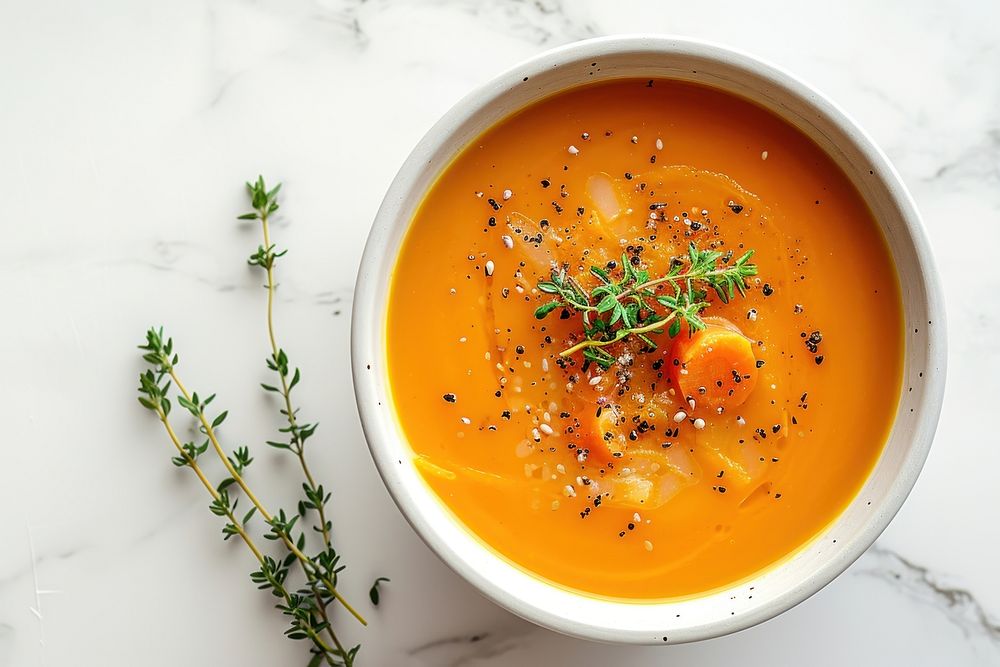 Carrot soup dish table food.