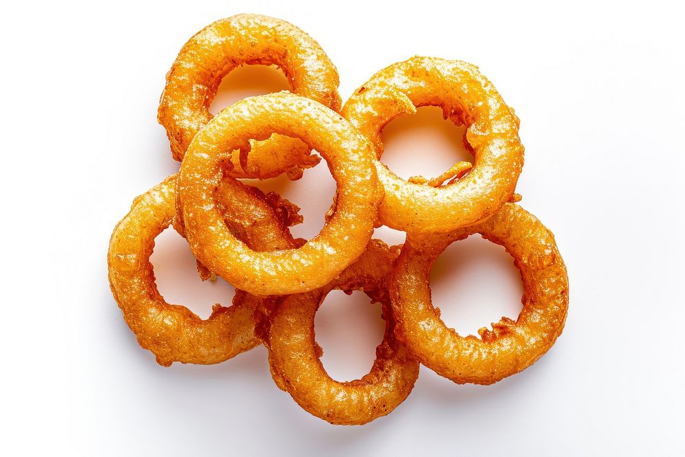 Crispy onion ring pretzel snack food.